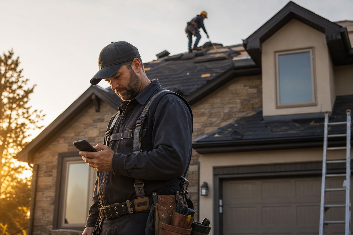 A roofing contractor stands at the base of a residential roof reviewing job data on a smartphone while a crew works above, illustrating how AI roofing estimating software connects field documentation to the office in real time