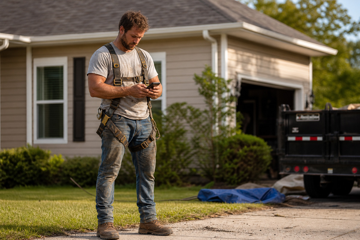 Roofer using roofing project management software to stay coordinated from anywhere on site