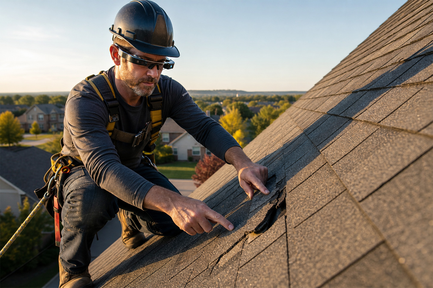 Roofer wearing AI smart glasses conducting an AI roofing inspection on a residential shingle roof with both hands free