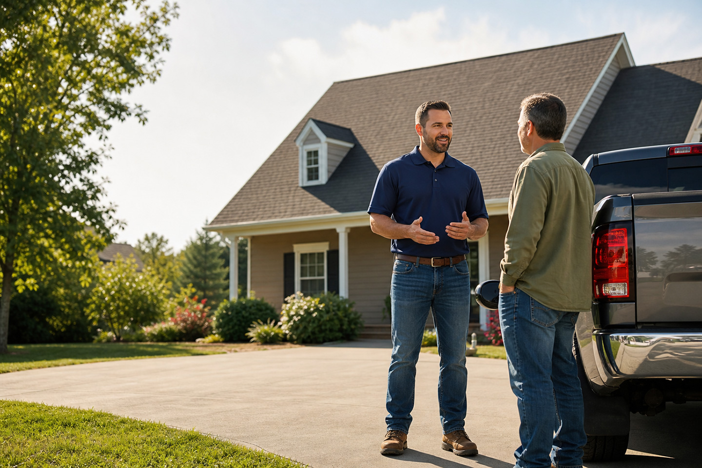 Roofing contractor in a polo and jeans talks with a customer in a driveway about the best all in one roofing CRM