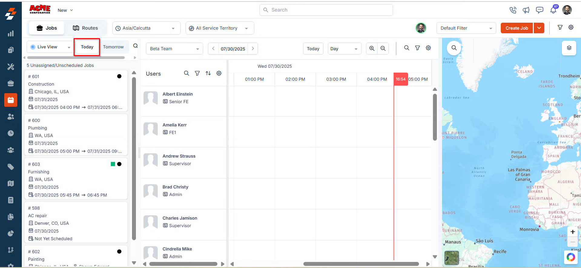 Zuper dispatch board in “Today” view showing jobs, technicians, the scheduling view, and a map