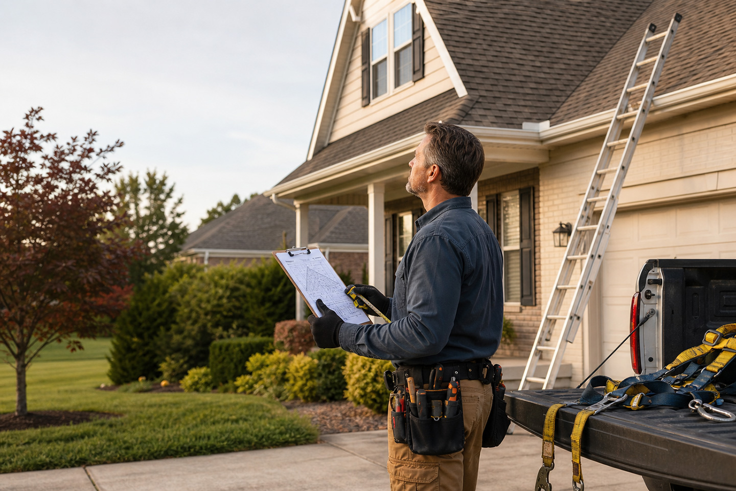A roofer performs a residential roof estimate for a guide on the average profit margin for roofing companies