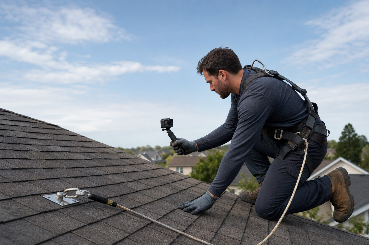 A roofer using an action camera, an example of a smart device