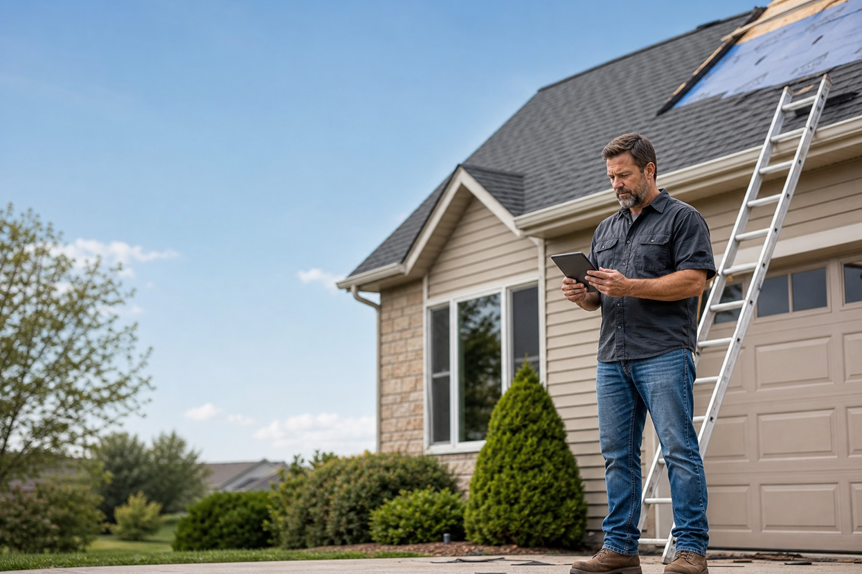 A roofer using roofing technology on a tablet on a jobsite