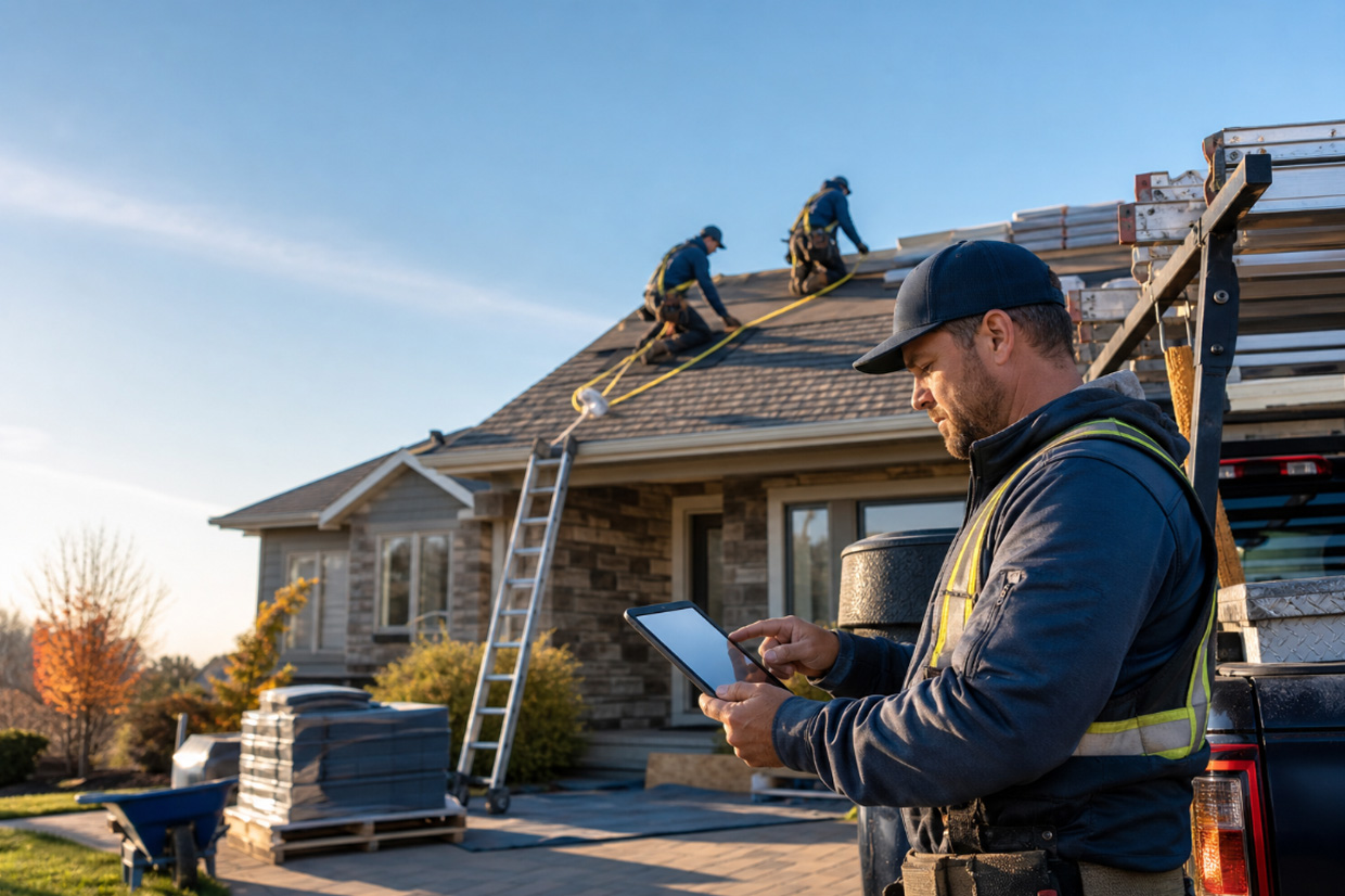 Foreman uses a tablet on the ground as crews work safely on a roof, illustrating the best roofing business software