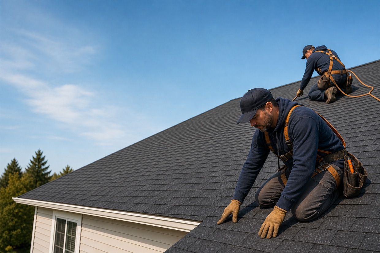 Two roofers safely inspecting shingles on a single residential roof