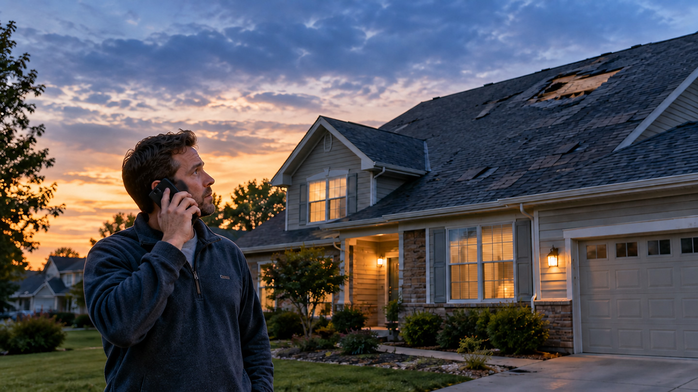 A homeowner with a damaged roof making an after-hours call to a roofing company that could be answered by an AI receptionist for roofing companies