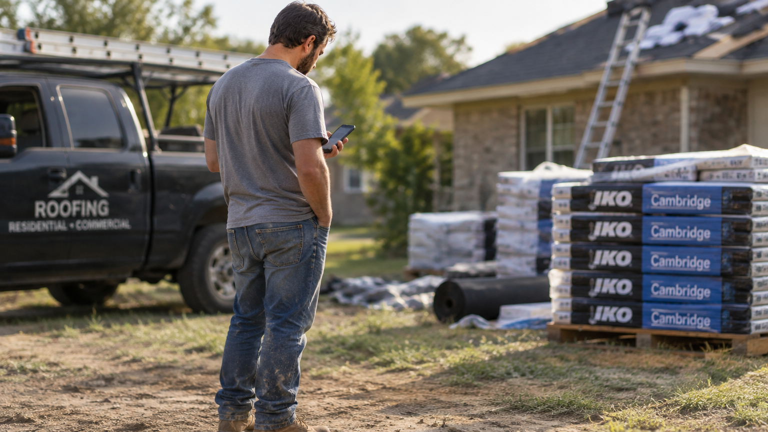 A roofing contractor reviews crew assignments in roofing scheduling software on a smartphone